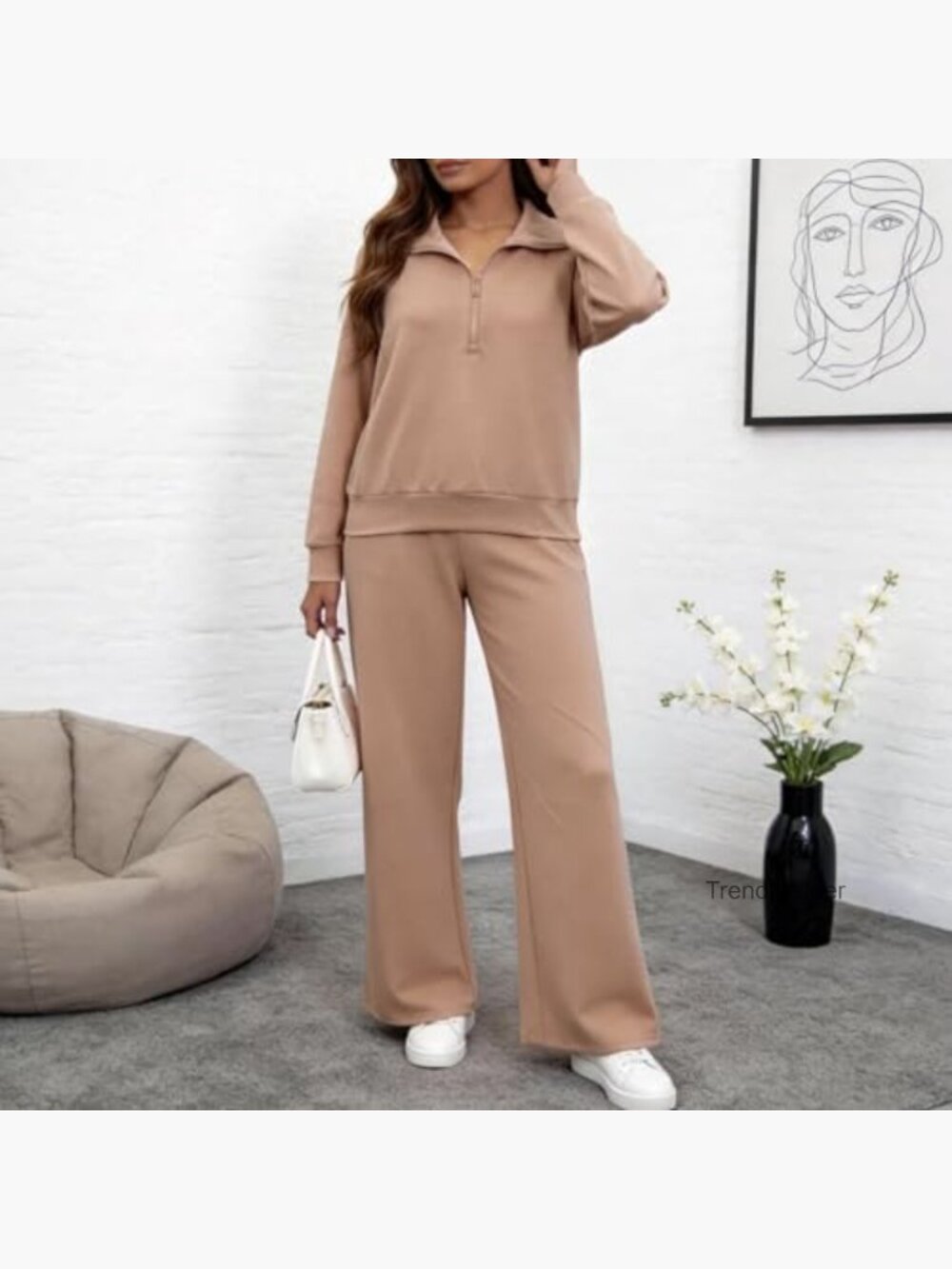 Women's Knit Sweater Set - Half Zip Pullover & Wide Leg Pants - Picture 3 of 5